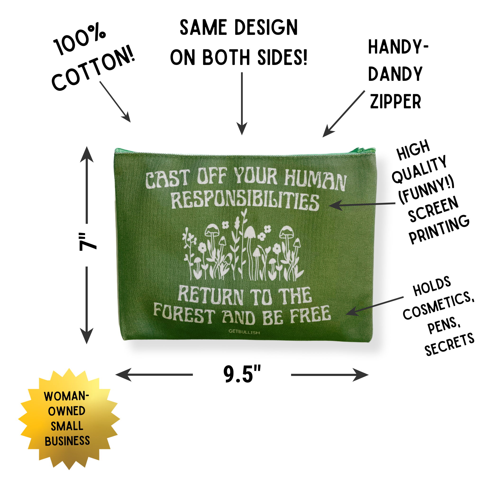 GetBullish Return to the Forest Canvas Zipper Pouch featuring a black metal theme, measuring 9.5" x 7", ideal for storing personal items.